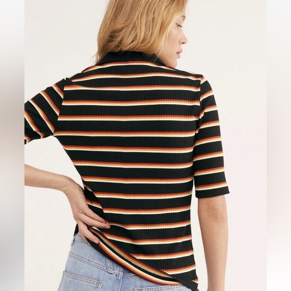 Free People Donna Striped Collared Tee Size M Black Motif Ribbed Knit top - Picture 3 of 5